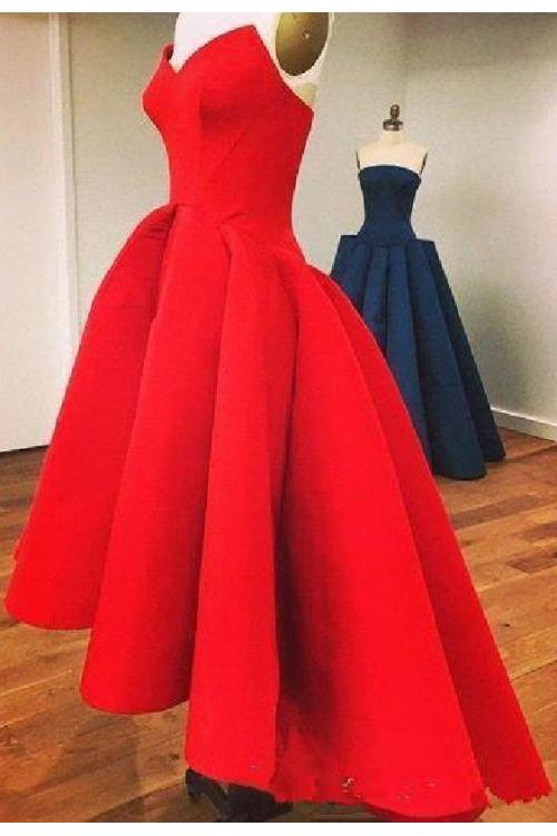 Red Princess High Low Pleated Satin Prom Dress 