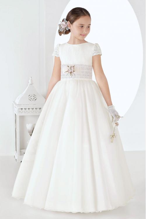 Cap Sleeves Jewel Neck Elegant Princess Ball Gown Long Ivory Communion Dress with Flower