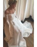 Boho Off Shoulder Lace Ball Gown Satin Wedding Dress 