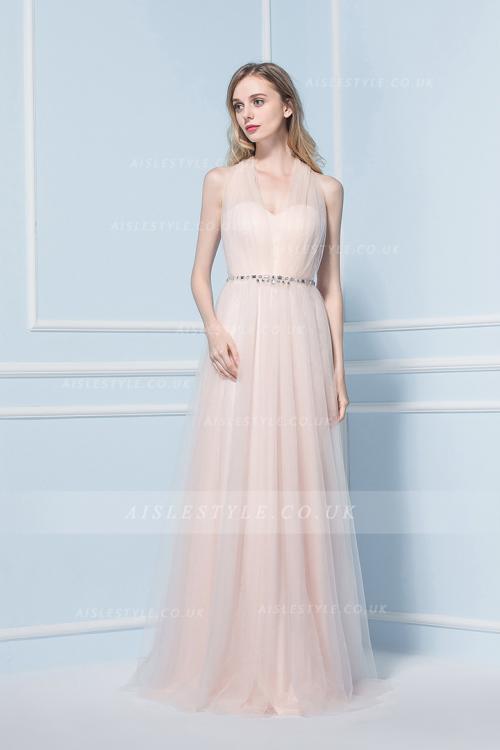 Blush A-line V-neck Sleeveless Crystal Detailing Floor-length Long Bridesmaid Dress