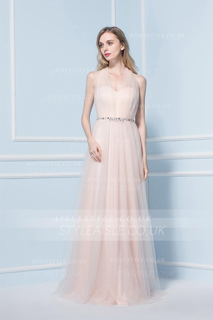Blush A-line V-neck Sleeveless Crystal Detailing Floor-length Long Bridesmaid Dress