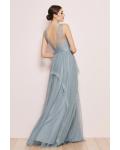  A-line V-neck Sleeveless Lace Floor-length Dusty Blue Long Tulle Prom Dresses