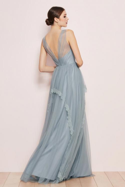  A-line V-neck Sleeveless Lace Floor-length Dusty Blue Long Tulle Prom Dresses