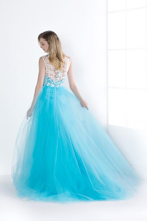 Elegant Lace Bodice Illusion Neck Long Ice Blue Tulle Prom Dress 