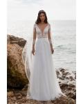  A-line V-neck Illusion 3/4 Length Sleeves Lace Appliques Sweep/Brush Train Long Tulle Wedding Dresses