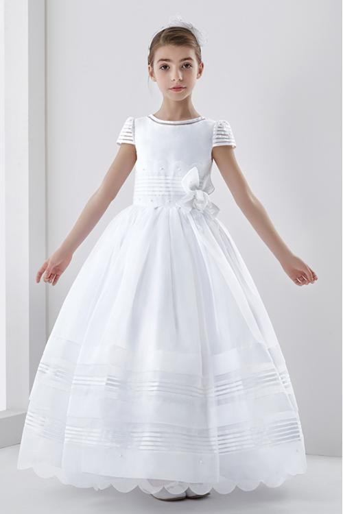 Ball Gown Short Sleeve Hand Made Flowers Floor-length Communion Dress