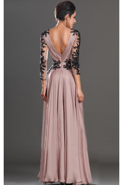 Balck Lace Appliqued V Neck Empire Pleated Long Column Chiffon Prom Dress with 3/4 Sleeves 