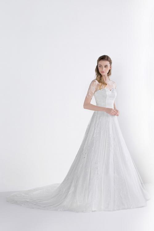 Lace Appliques Jewel Neck Half Sleeved A-line Long Tulle Wedding Dress 