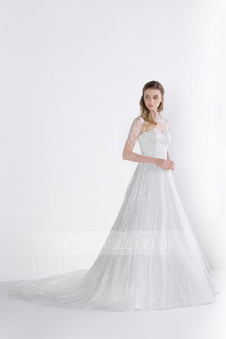 Lace Appliques Jewel Neck Half Sleeved A-line Long Tulle Wedding Dress 