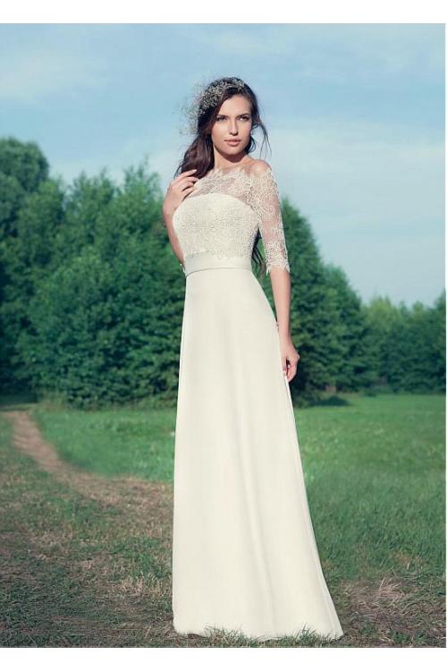 3/4 Sleeve Lace Off Shoulder A-line Chiffon Wedding Dress 