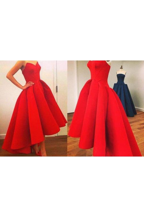 Red Princess High Low Pleated Satin Prom Dress 