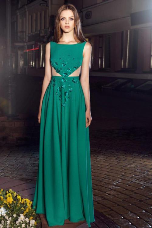  A-line Scoop Neckline Sleeveless Hand Made Flowers Floor-length Long Cocktail Dresses