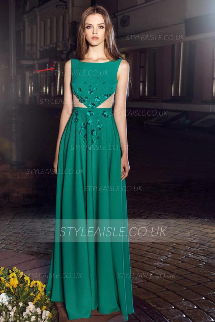  A-line Scoop Neckline Sleeveless Hand Made Flowers Floor-length Long Cocktail Dresses