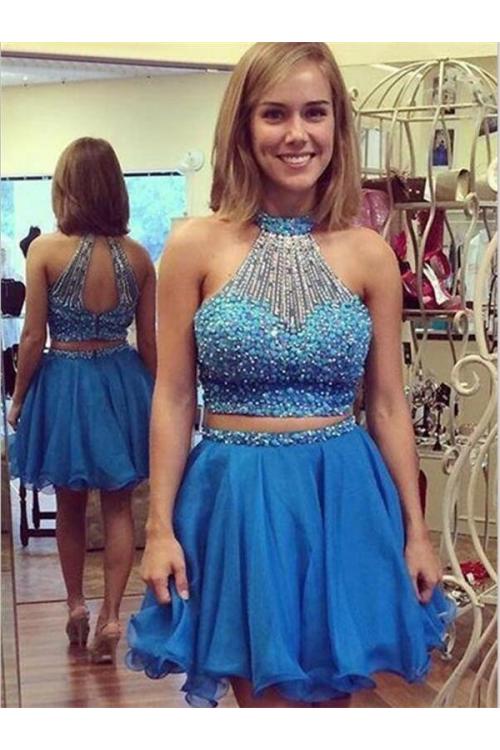 Chic Halter Beading Neck Short Chiffon Prom Dress