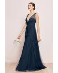  A-line V-neck Sleeveless Lace Floor-length Dusty Blue Long Tulle Prom Dresses