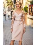  Sheath/Column V-neck Illusion Long Sleeves Lace Knee-length Short Satin Mother of the Bride Dresses with Buttons Back
