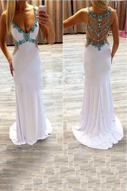 V Neck Beading Long White Chiffon Prom Dress 