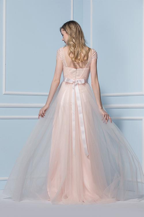 Vintage Bateau Neck Illusion Cap Sleeved Lace Blush Tulle Bridesmaid Dress 