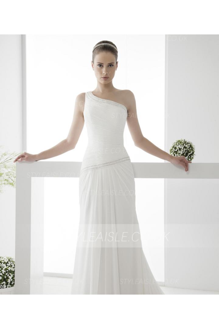 Simple Sheath/Column One Shoulder Beading Sweep/Brush Train Chiffon Wedding Dresses 