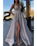  A-line V-neck Sleeveless Split Floor-length Long Satin Prom Dress