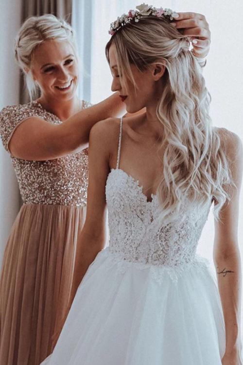  A-line Spaghetti Straps Sleeveless Lace Appliques Floor-length Long Wedding Dresses