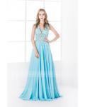 Sexy Sleeveless A-line Keyhole Back Blue Lace Chiffon Prom Dress with Slit