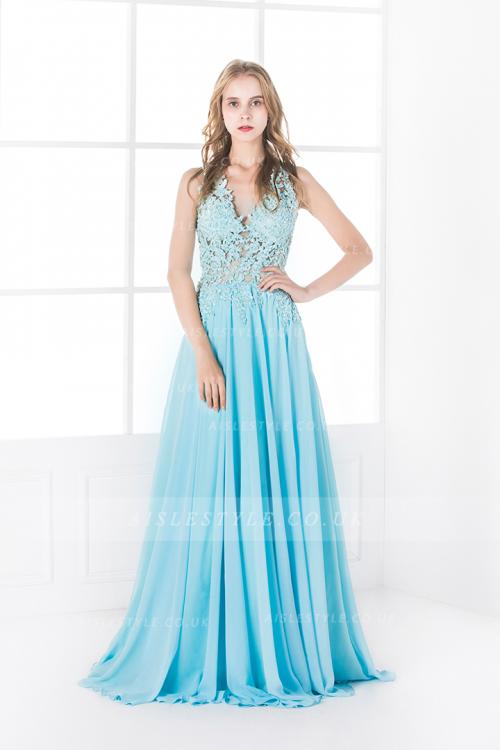 Sexy Sleeveless A-line Keyhole Back Blue Lace Chiffon Prom Dress with Slit