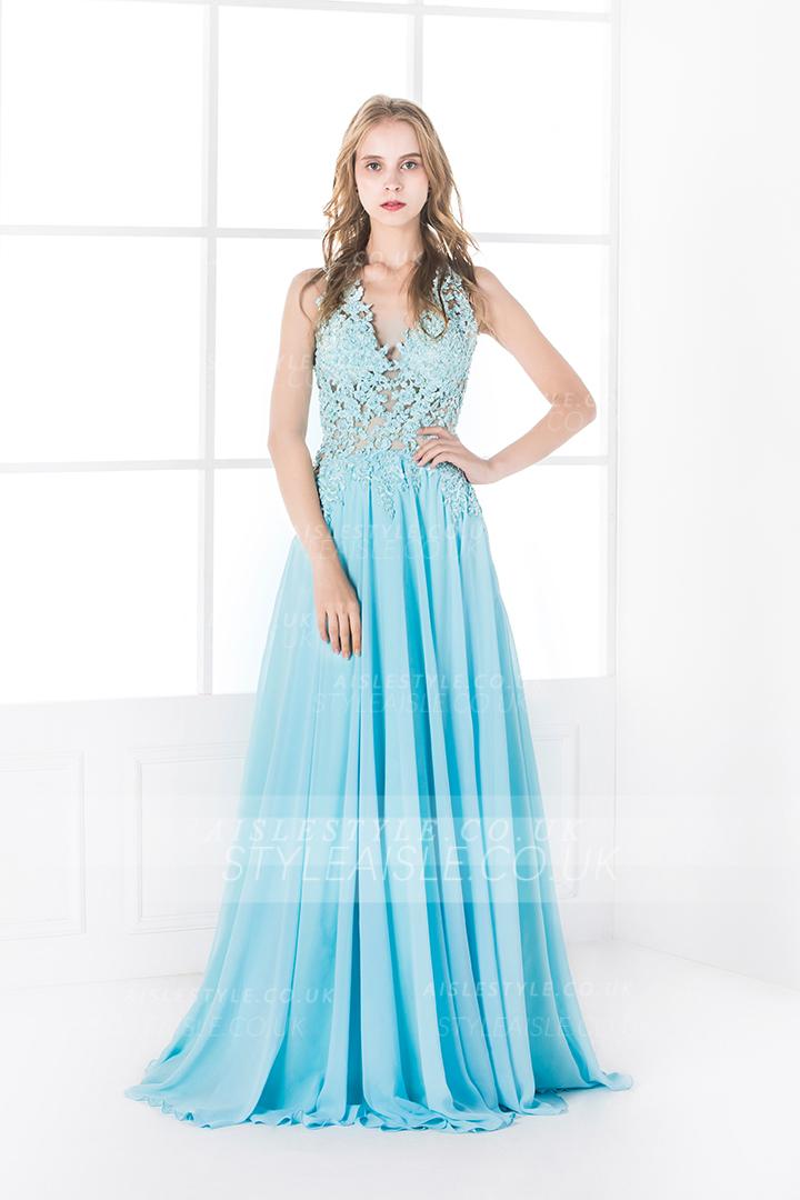 Sexy Sleeveless A-line Keyhole Back Blue Lace Chiffon Prom Dress with Slit