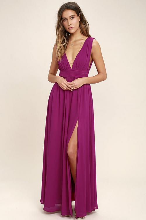 Deep V Neck Sleeveless A-line Long Fuchsia Chiffon Bridesmaid Dress