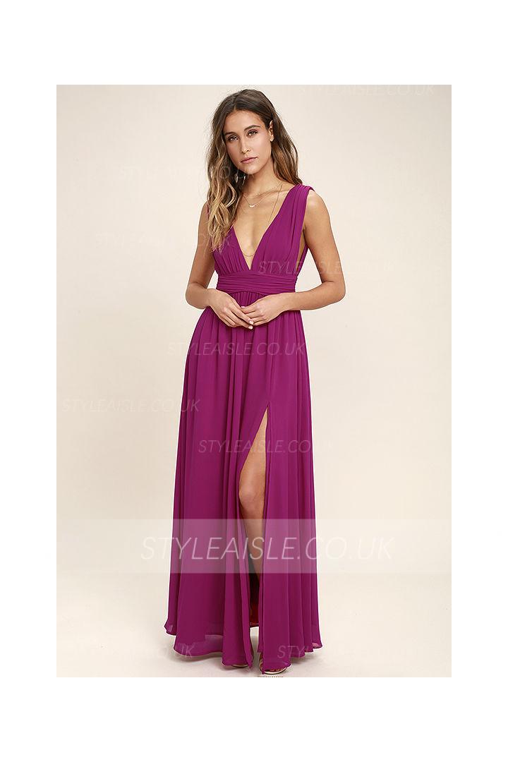 Deep V Neck Sleeveless A-line Long Fuchsia Chiffon Bridesmaid Dress