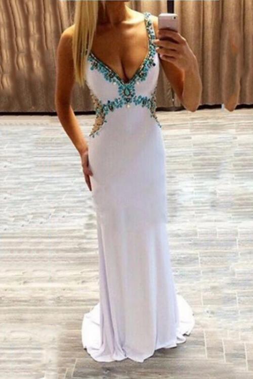 V Neck Beading Long White Chiffon Prom Dress 