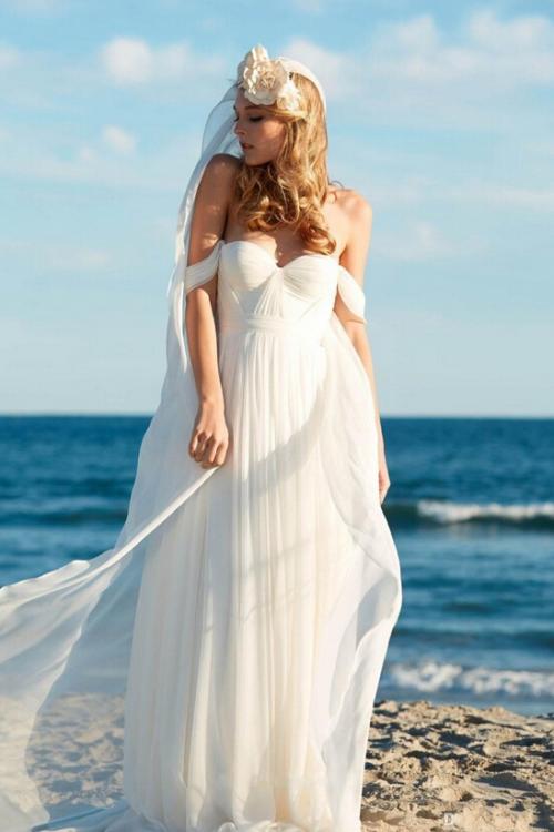 Beautiful off the Shoulder Empire Pleated LOng Chiffon Beach Wedding Dress 