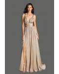  A-line V-neck Shoulder Appliques Split Sweep Train Long Chiffon Cocktail Dresses with Ruching Empire Waist