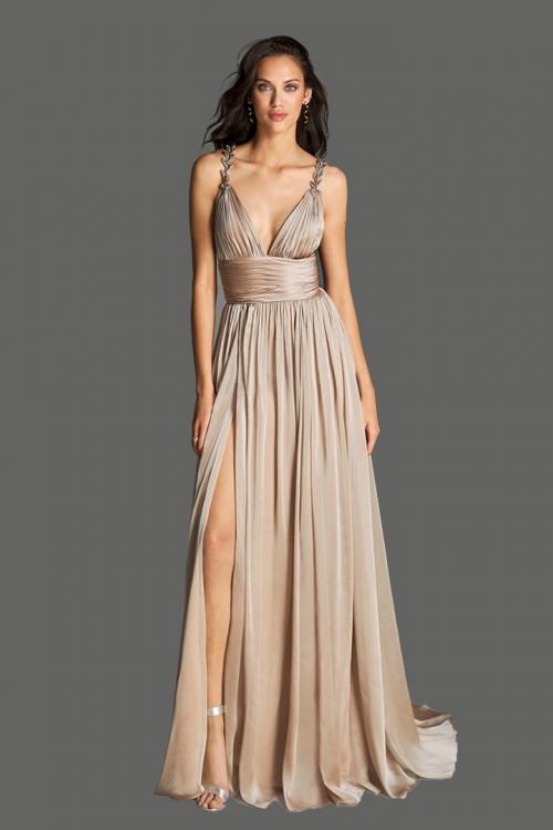  A-line V-neck Shoulder Appliques Split Sweep Train Long Chiffon Cocktail Dresses with Ruching Empire Waist