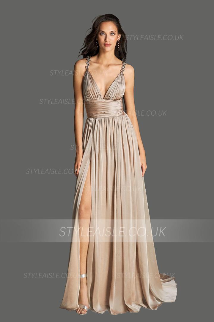  A-line V-neck Shoulder Appliques Split Sweep Train Long Chiffon Cocktail Dresses with Ruching Empire Waist