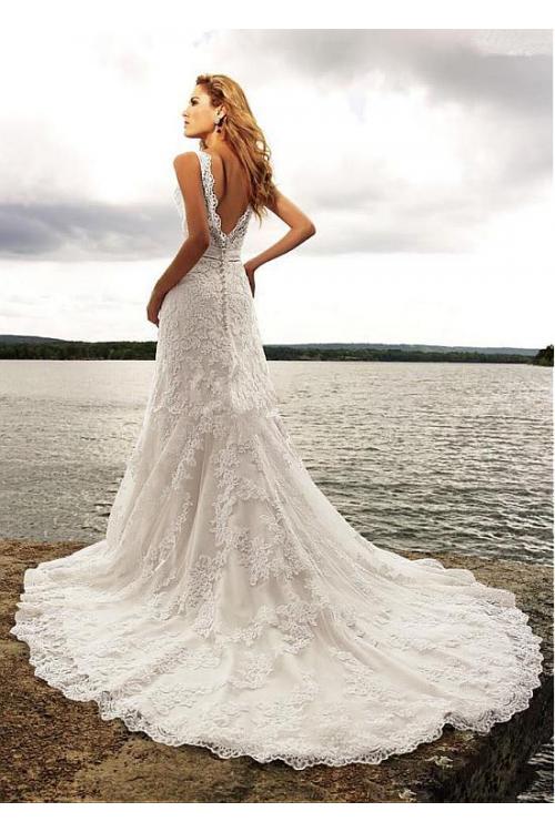 Lace Sleeveless A-line Empire Beach Wedding Dress with Beading 