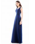 Fashion V Neck Lace Bodice A-line Blue Long Chiffon Bridesmaid Dress 