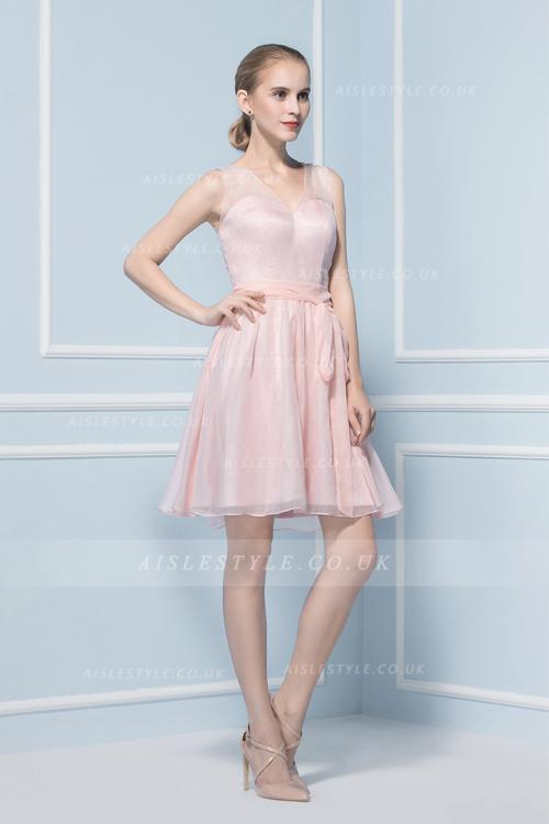 Sleeveless V Neck Knee Length Chiffon Bridesmaid Dress 