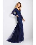 Long Sleeves Lace Appliques Navy Blue Mermaid Prom Dress