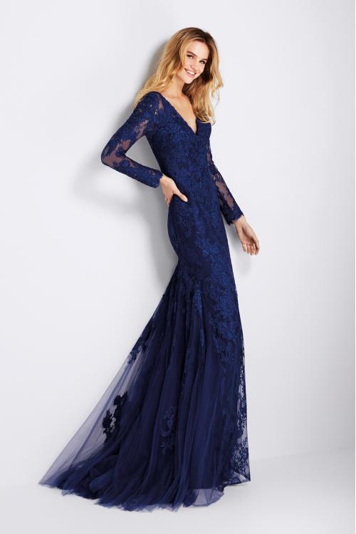 Long Sleeves Lace Appliques Navy Blue Mermaid Prom Dress