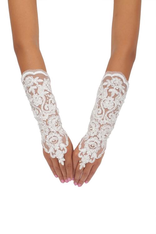 Long Ivory Fingerless Daimond Embroider Tulle Wedding Gloves 8BL