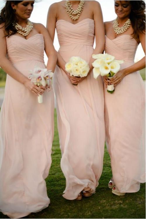 Classical Strapless Sweetheart Pleated Chiffon Long Bridesmaid Dress 