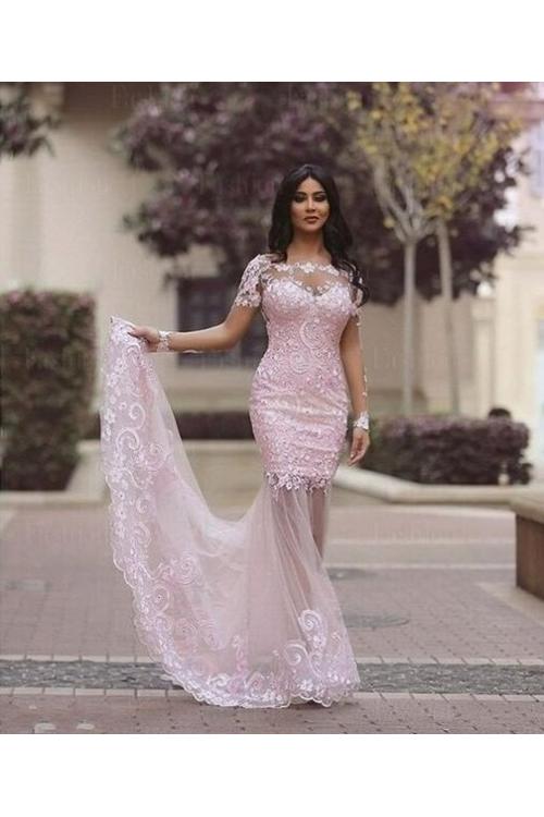 Long Sleeve Illusion Neck Long Blush Tulle Sheer Back Celebrity Prom Dress 