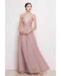  A-line Deep V-neck Sleeveless Empire Waist Lace Floor-length Long Tulle Prom Dresses with 2 Sashes