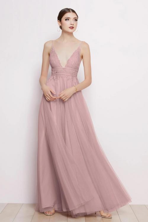  A-line Deep V-neck Sleeveless Empire Waist Lace Floor-length Long Tulle Prom Dresses with 2 Sashes