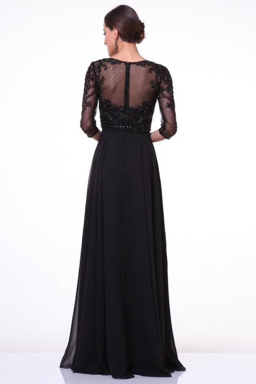 Illusion Jewel Neck Lace Bodice A-line Chiffon Prom Dress with3/4 Sleeves 