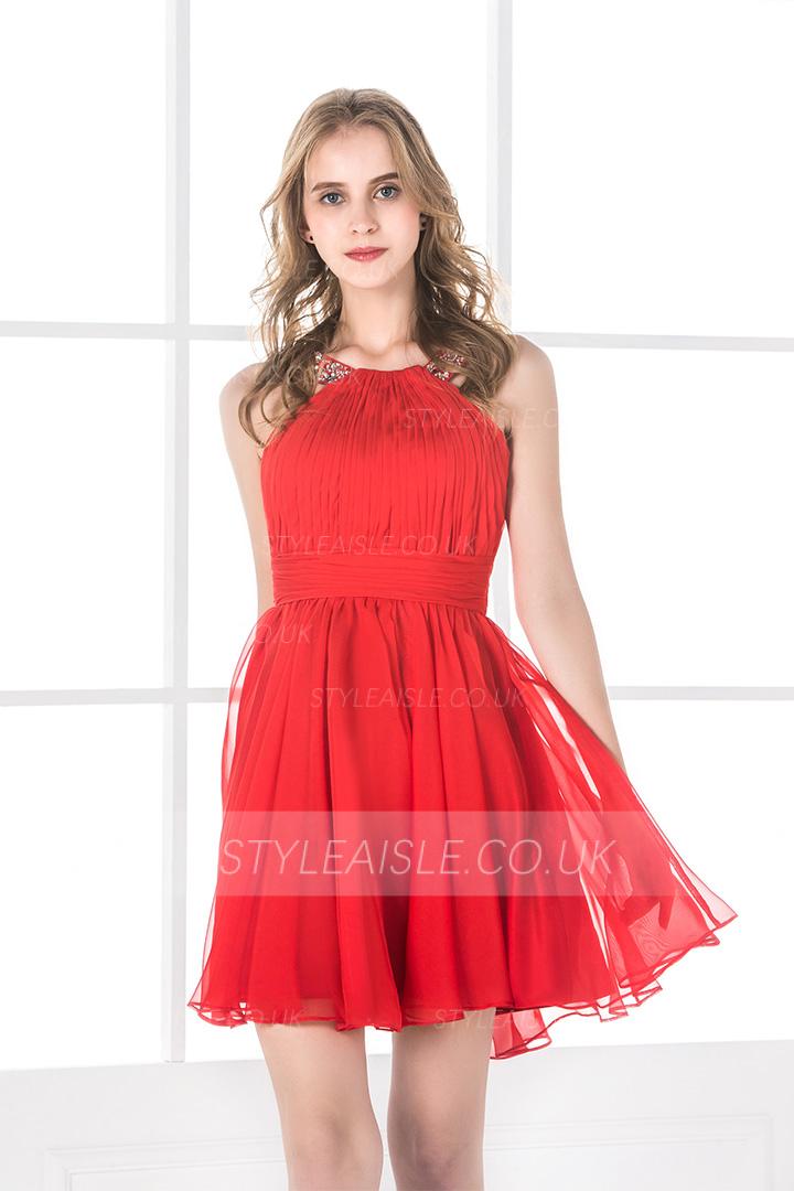  A-line Jewel Sleeveless Beading Pleated Short/Mini Prom Dress