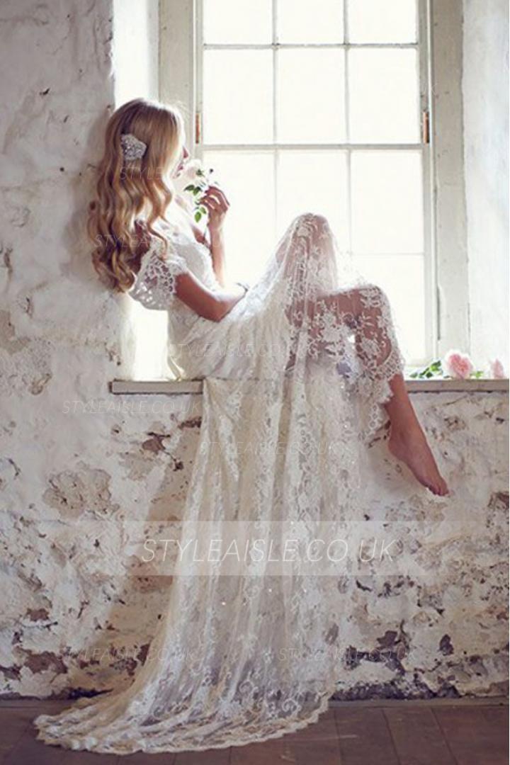 Charming Off the Shoulder Sheath Long Lace Wedding Dress 
