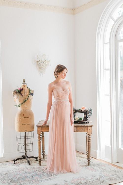 Strapless Sweetheart Pleated Lace Top Blush Tulle Bridesmaid Dress with Ribbon 