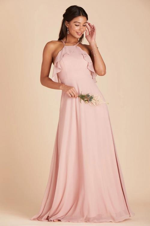  A-line Spaghetti Straps Sleeveless Ruffles Top Floor-length Long Chiffon Bridesmaid Dress with Pockets 